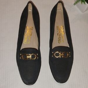Salvatore Ferragamo Suede Loafers. Womens sz 8AA. Black & Gold Tone Hardware.